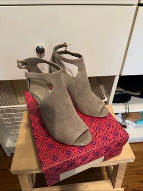 Tory Burch Taupe Suede Open-Toe Cutout Ankle-Heel with Gold Buckle